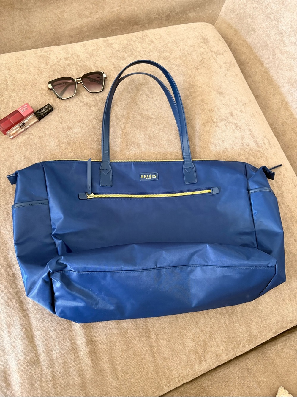 Blue Nylon Tote with Front Zip Pocket